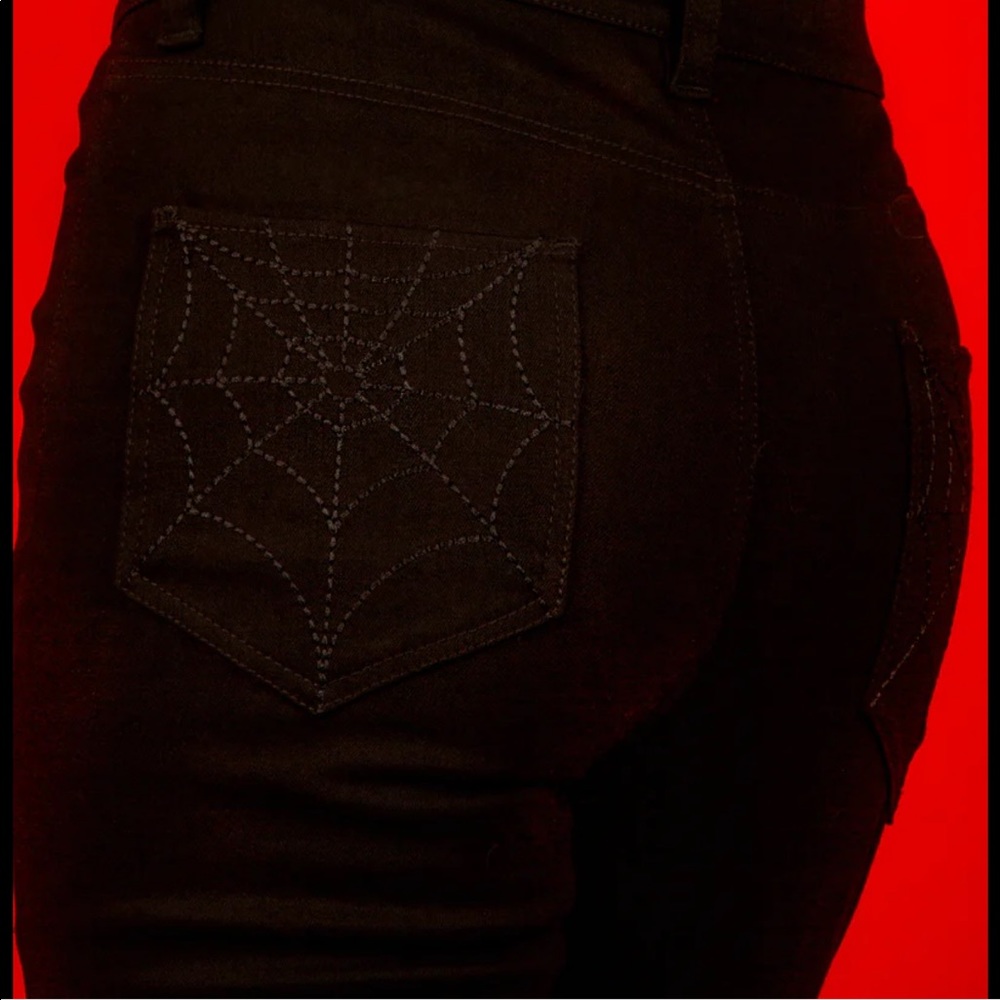 Black Hi Rise Jeans With Ebrioded Spiderwebs On Pockets